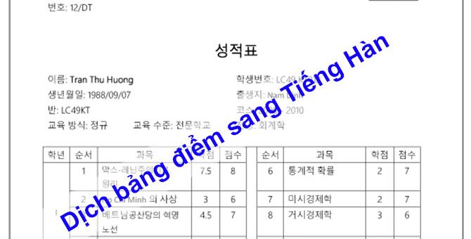 Dịch bảng điểm sang Tiếng Hàn