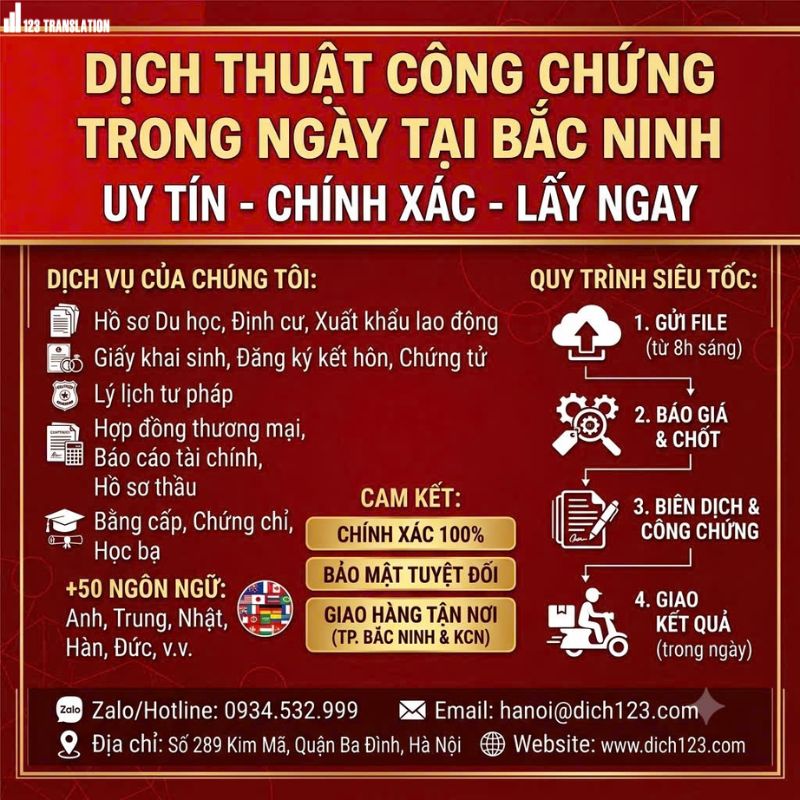 Dịch thuật công chứng trong ngày tại Bắc Ninh 2026