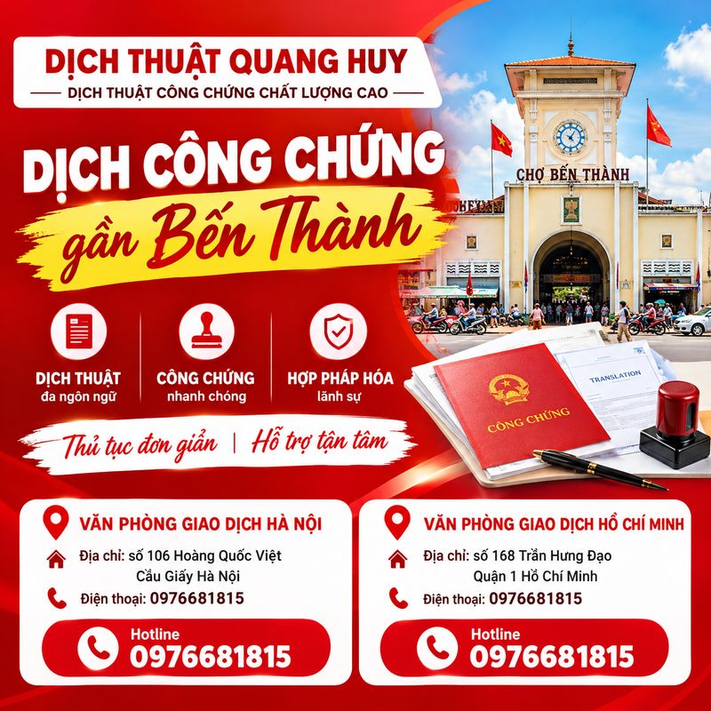 Dịch công chứng gần Bến Thành đáp ứng nhu cầu dịch thuật giấy khai sinh, bằng cấp, hợp đồng và hồ sơ doanh nghiệp.