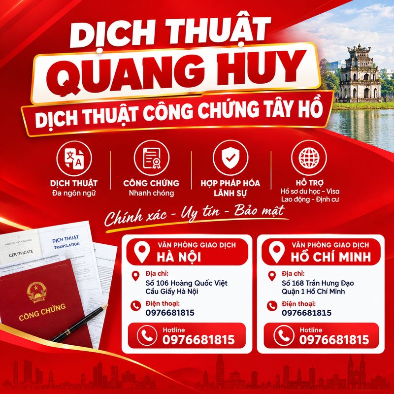 Dịch thuật công chứng Tây Hồ hỗ trợ nhu cầu dịch thuật đa ngôn ngữ cho cá nhân và doanh nghiệp, chú trọng độ chính xác, bảo mật thông tin và quy trình thực hiện rõ ràng.